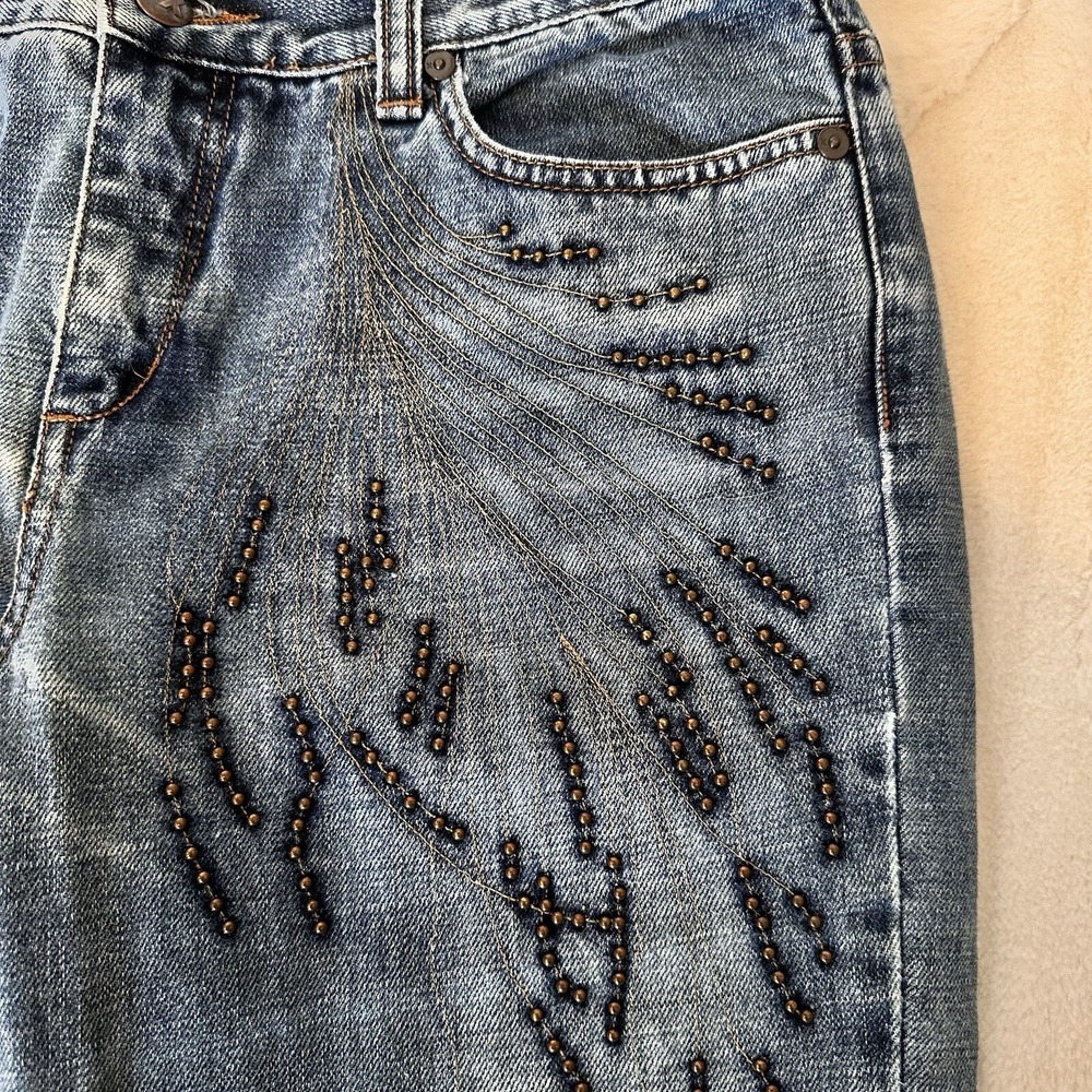 VTG Express Women's Jeans Sz 7 / 8 Denim Bronze Beads Mid Rise Bootcut Jeans Y2K - Picture 13 of 16